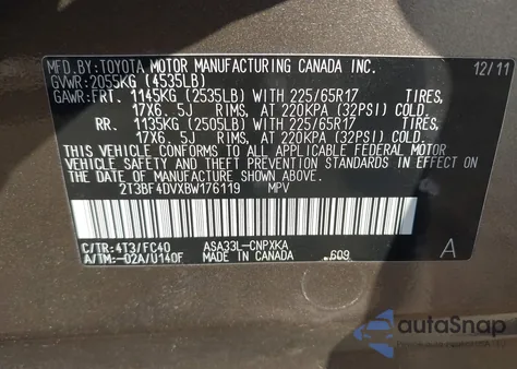 2011 Toyota Rav4 из США, поврежденный, VIN 2T3BF4DVXBW176119